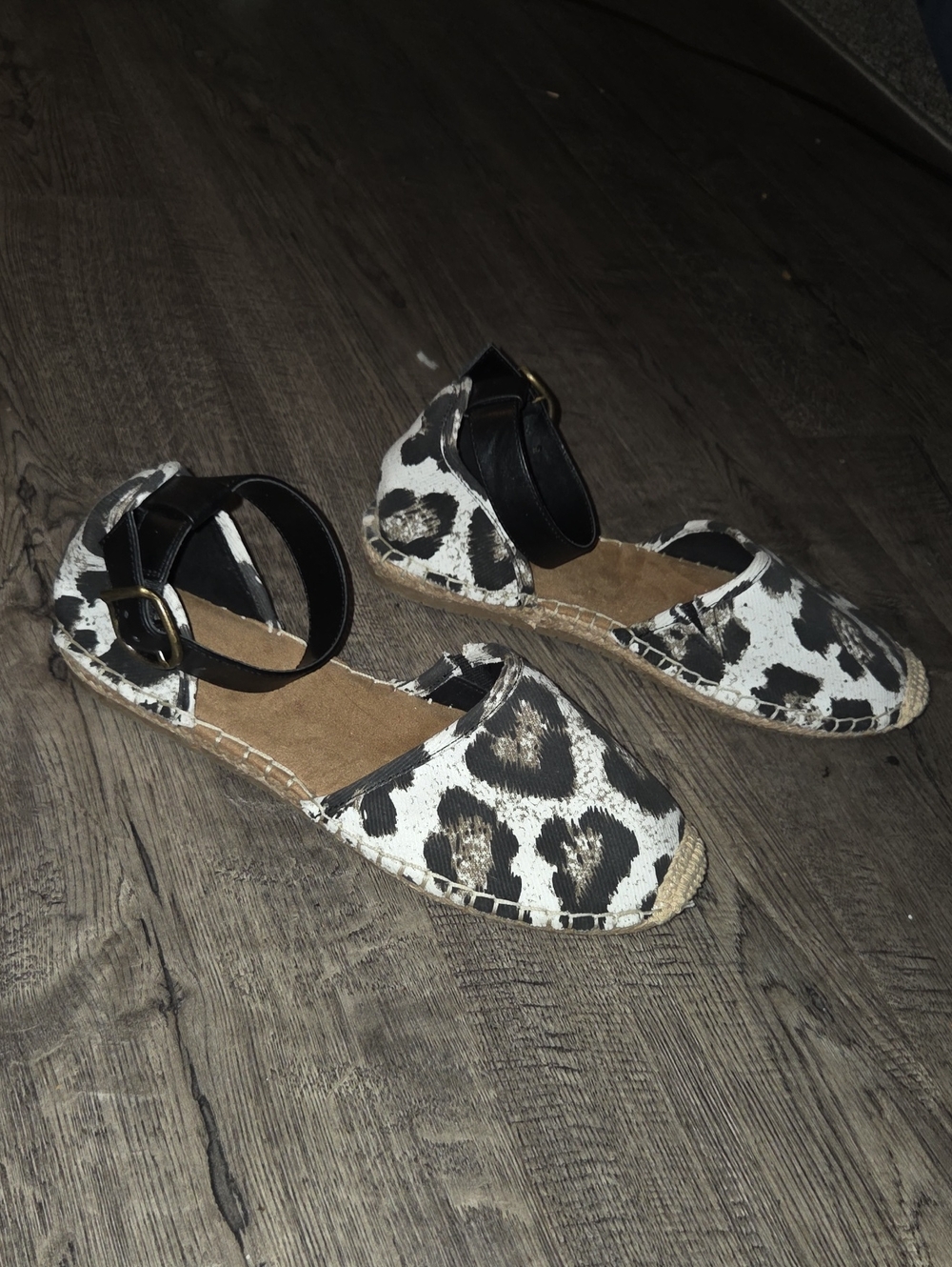 Style & Co. Black and White Leopard Espadrille Flats with Black Ankle Strap